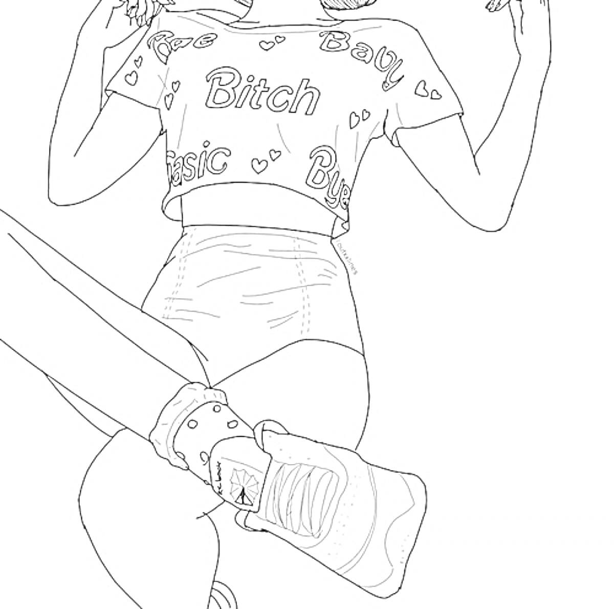 Раскраска Девушка в футболке с надписями 