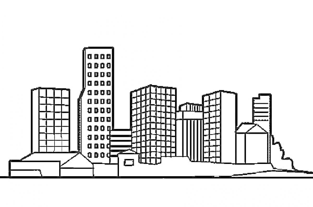 На раскраске изображено: Современный город, Небоскребы, Постройки, Архитектура, Городская жизнь