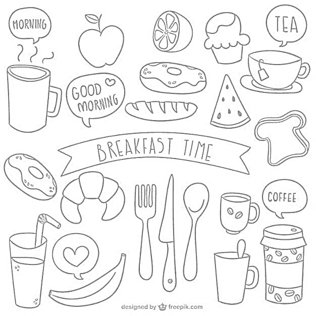 Раскраска Завтрак: яблоко, пончик, кусочек арбуза, тост, чашка с надписью 