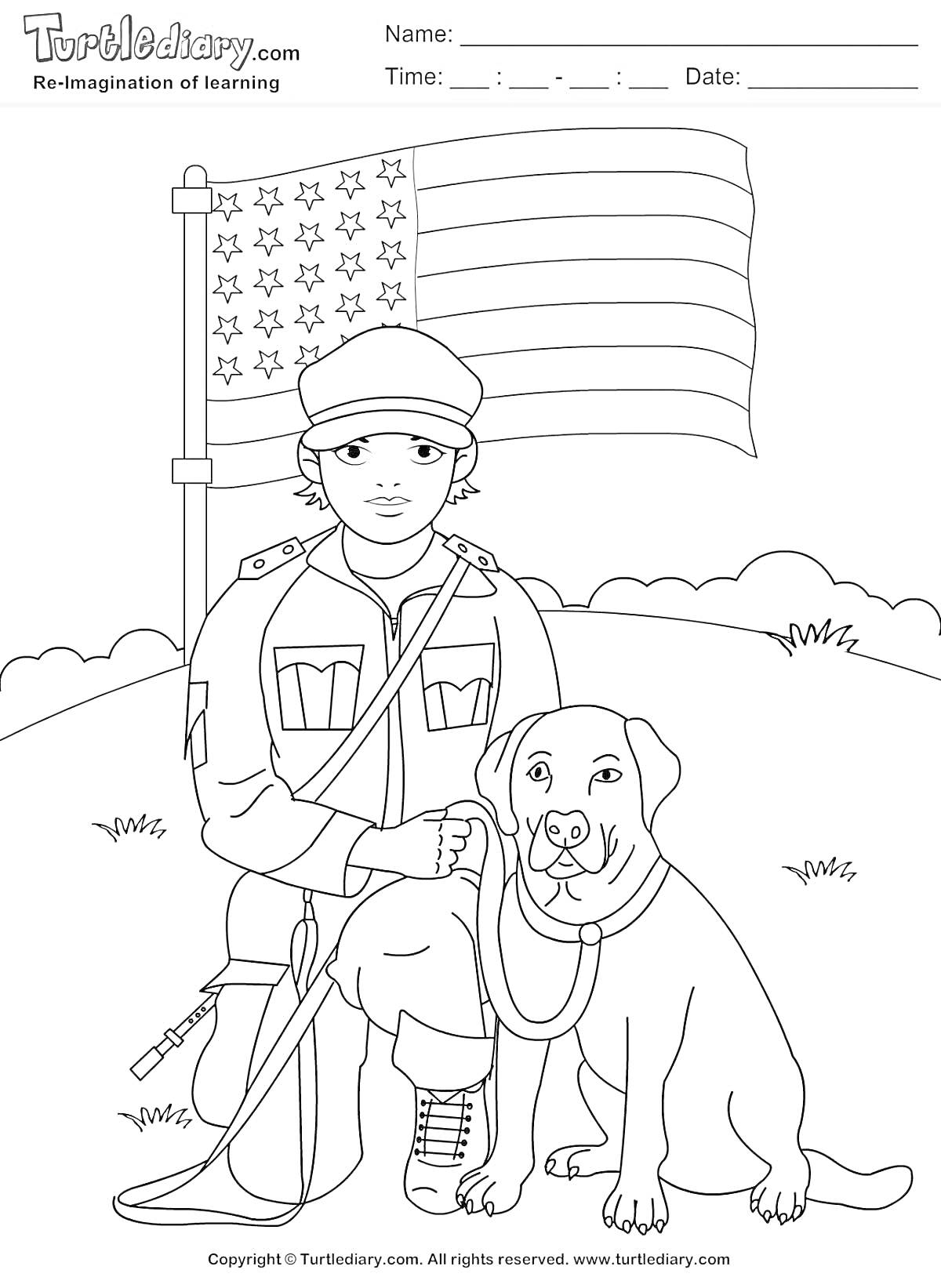 На раскраске изображено: Собака, Американский флаг, Человек, Военная форма, Природа, Патриотизм, Для детей