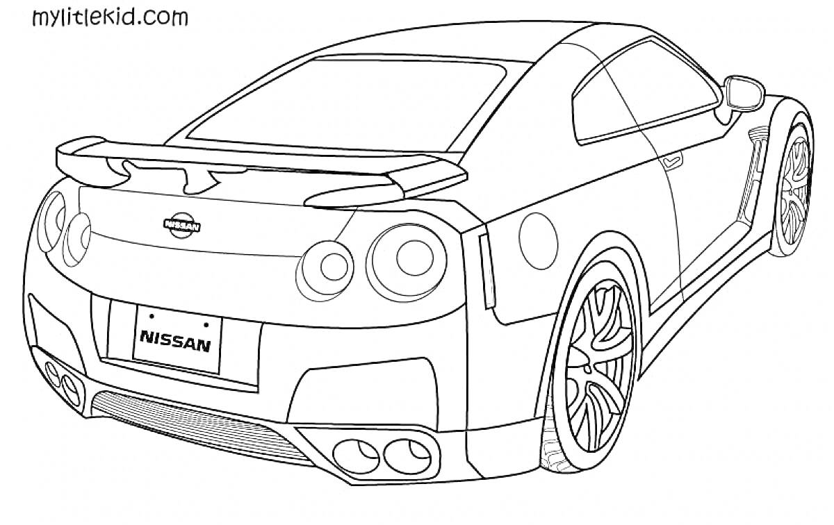 На раскраске изображено: Nissan, Skyline, Кузов, Номерной знак, Выхлопные трубы, Колёса, Спорткар