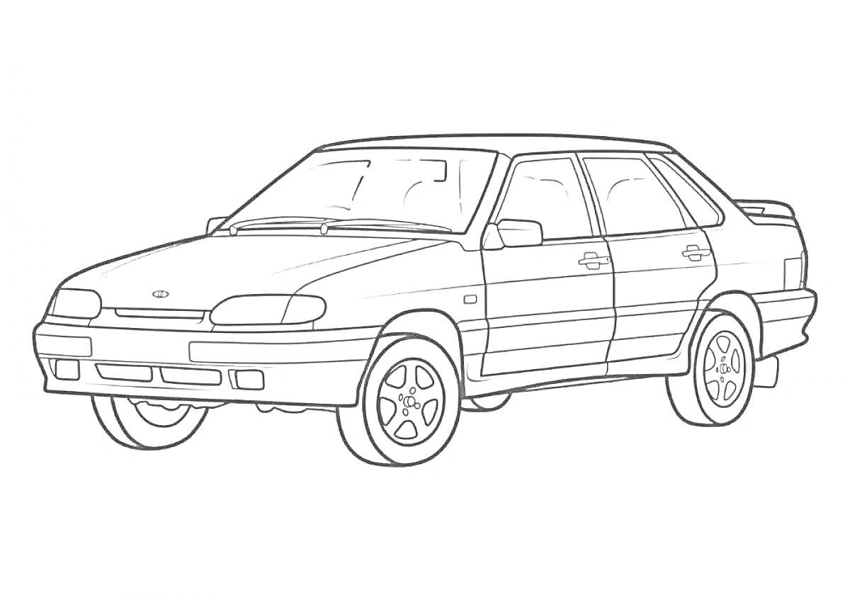 Раскраска ВАЗ 2115, боковой вид слева, седьмой поколение, легковой автомобиль, четыре двери, колеса, фары, окна, передний бампер, задний бампер, боковые зеркала