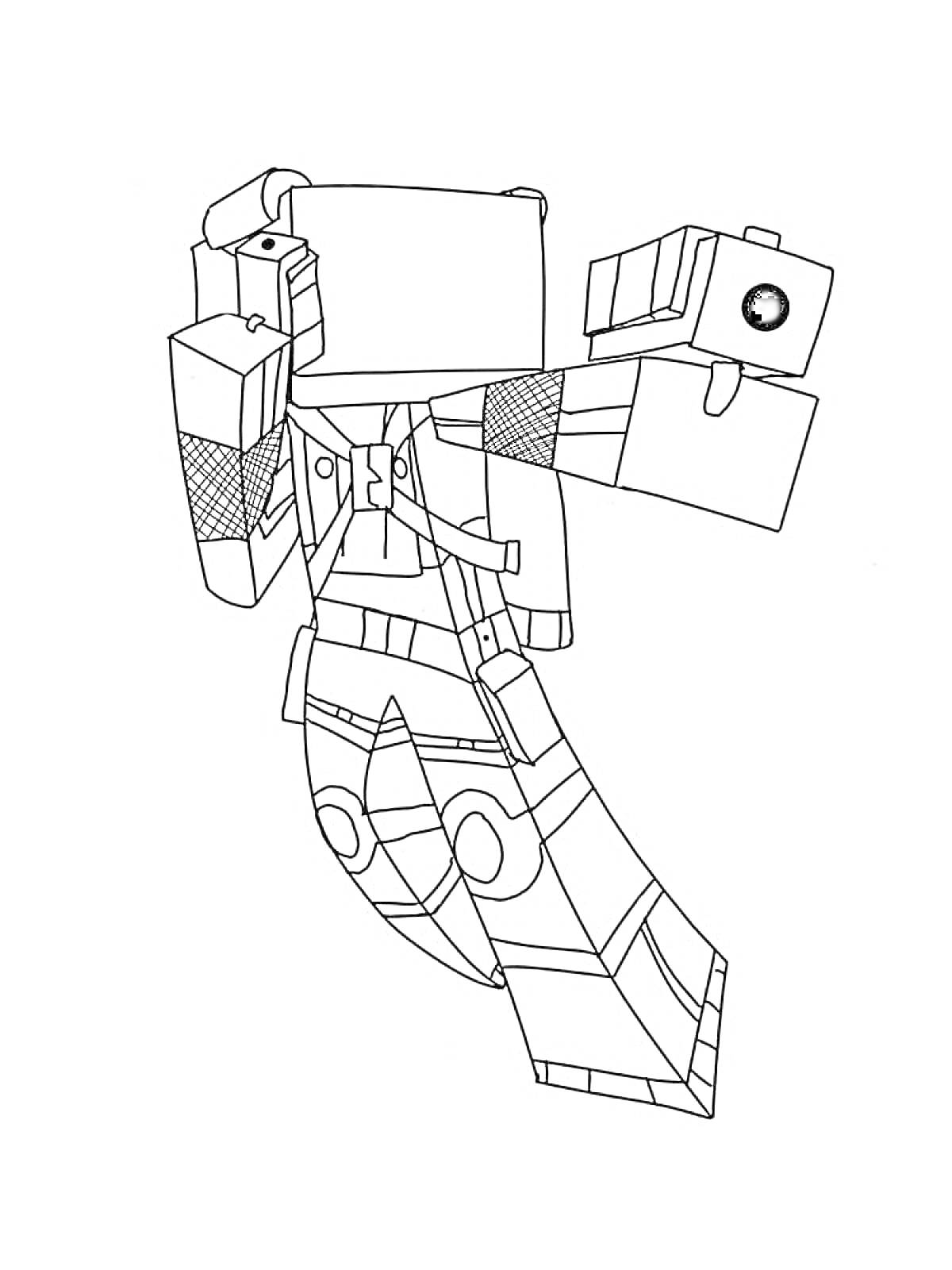Робот-персонаж Roblox с крупными руками и ногами, поднятыми в динамичной позе