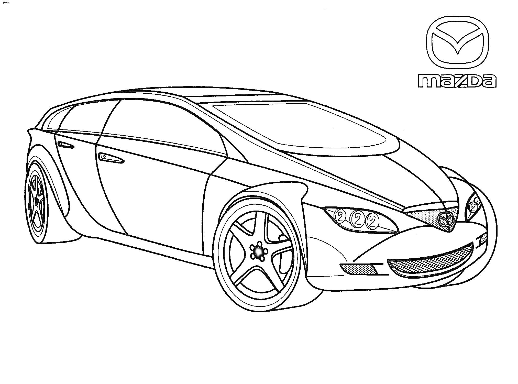 Раскраска с изображением концептуального автомобиля марки Mazda и логотипом Mazda