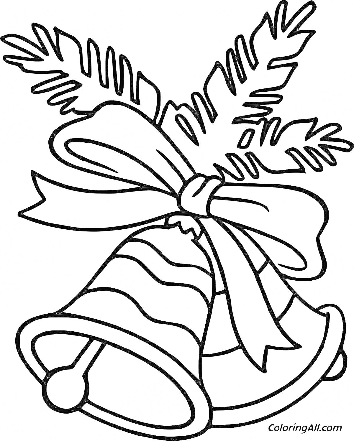 Раскраска Колокольчик с бантом и еловыми ветками
