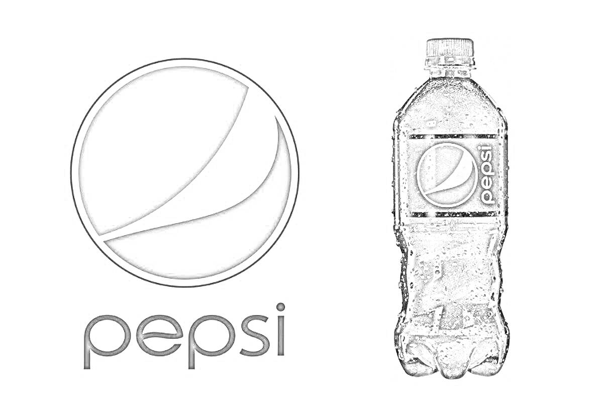 На раскраске изображено: Pepsi, Бутылка, Газировка, Напиток, Логотипы