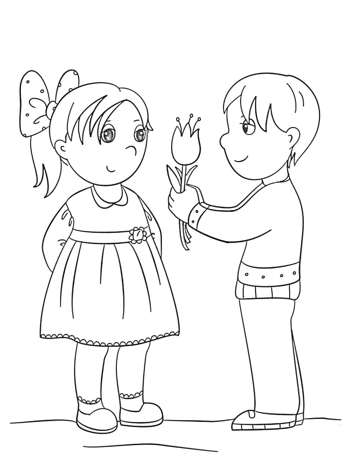 Раскраска Девочка и мальчик, мальчик дарит девочке цветок, девочка в платье с бантом