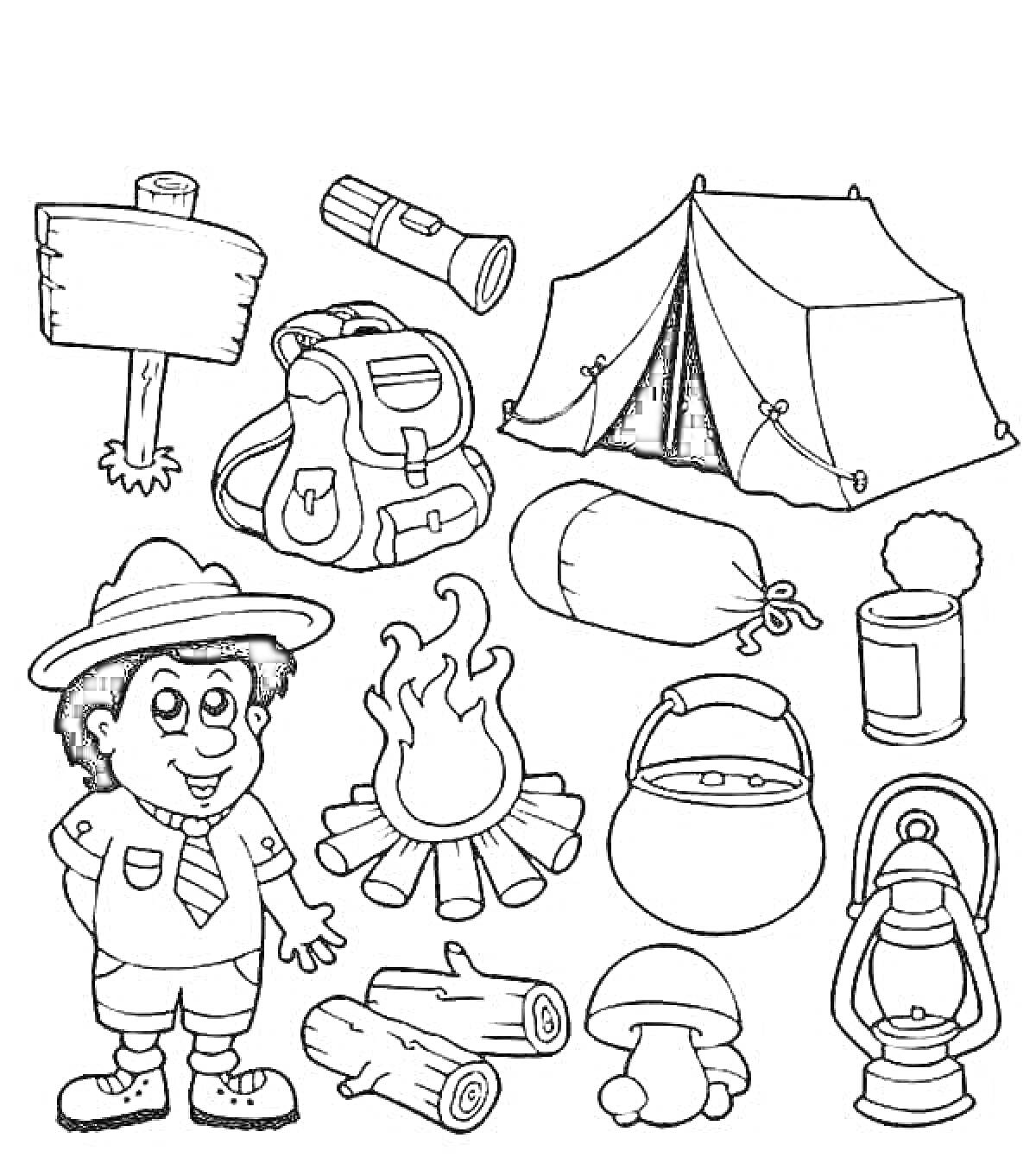 Раскраска Поход в лес с мальчиком, палаткой, костром, фонариком, рюкзаком, спальным мешком, консервной банкой, казаном, лампой, поленами, грибом и указателем