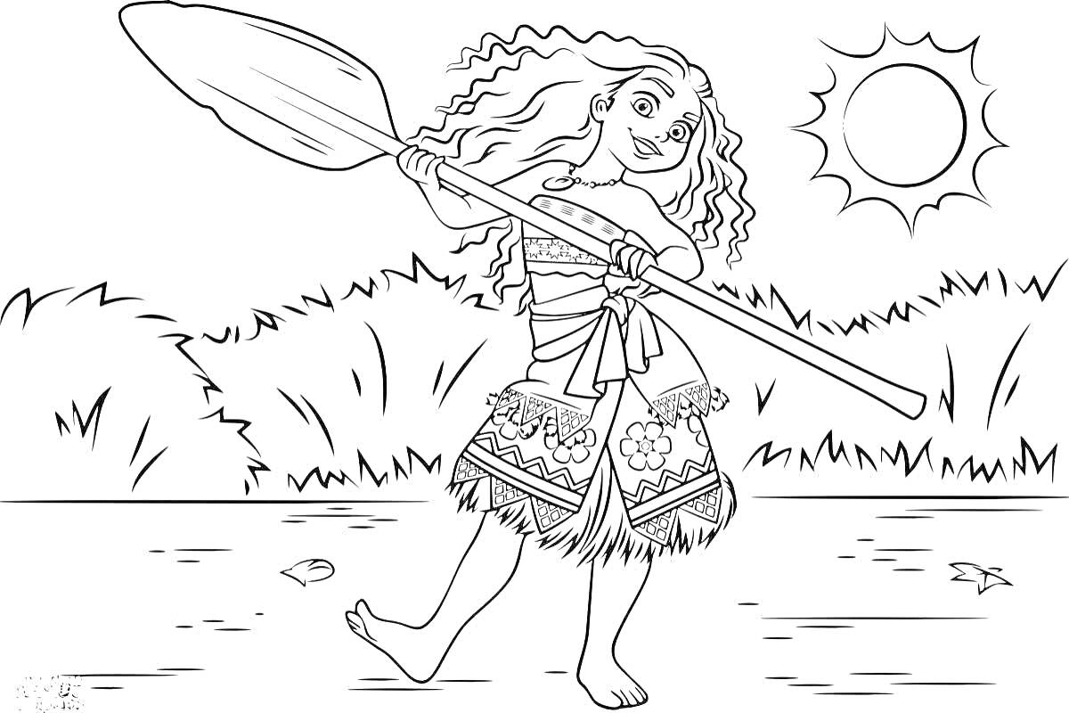 Раскраска Девочка с веслом возле воды под солнцем