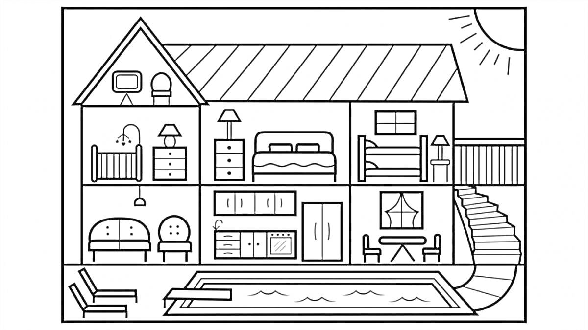 Раскраска Домик ЛОЛ с бассейном, кроватями, полочками, лампами, диваном, стульями, кухней, окном и лестницей