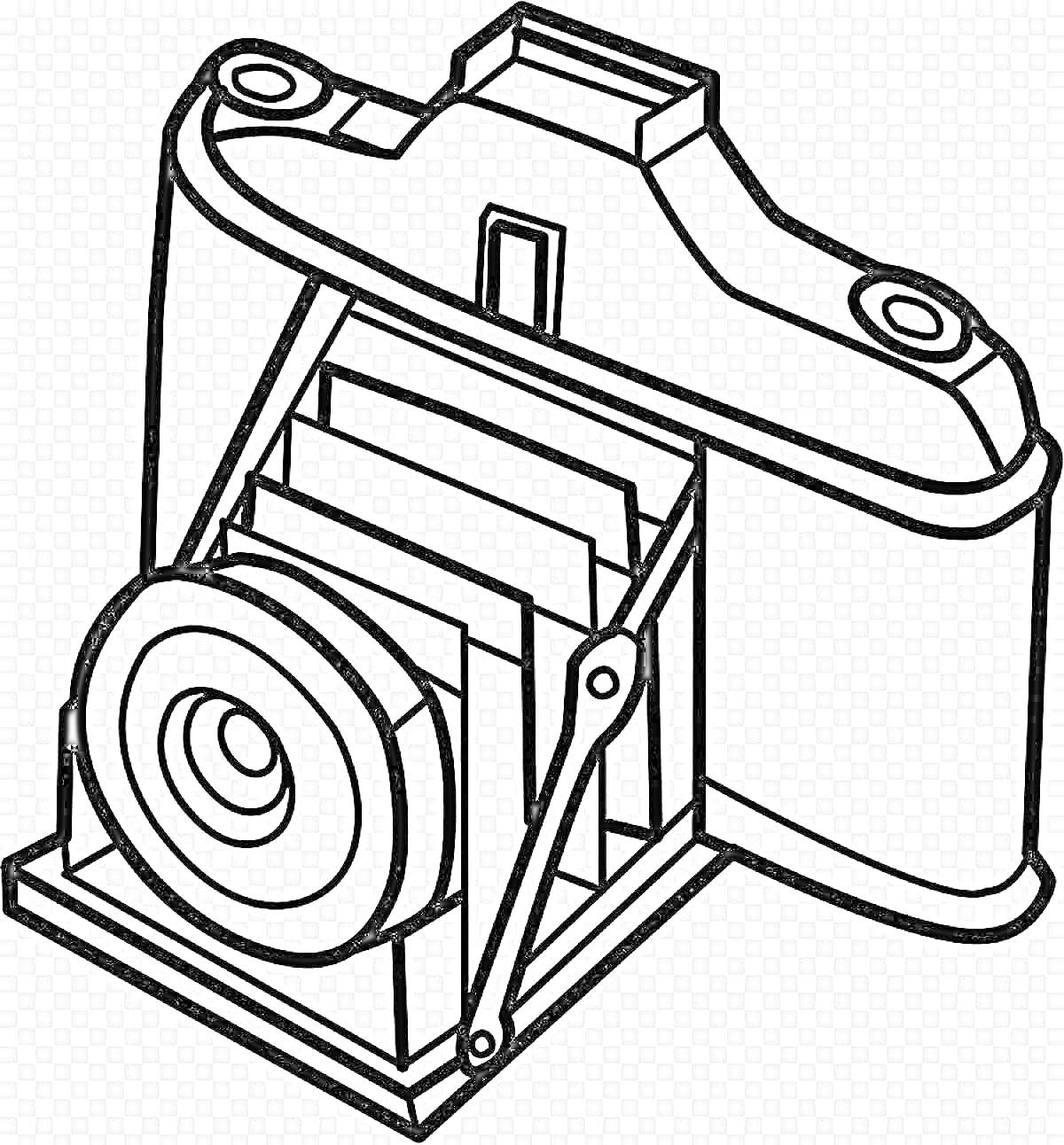 Раскраска Старинный складной фотоаппарат с объективом