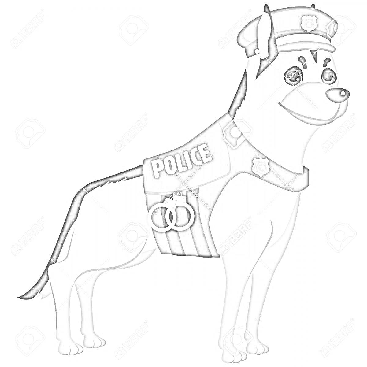Раскраска Полицейская собака в кепке и жилете с надписью 