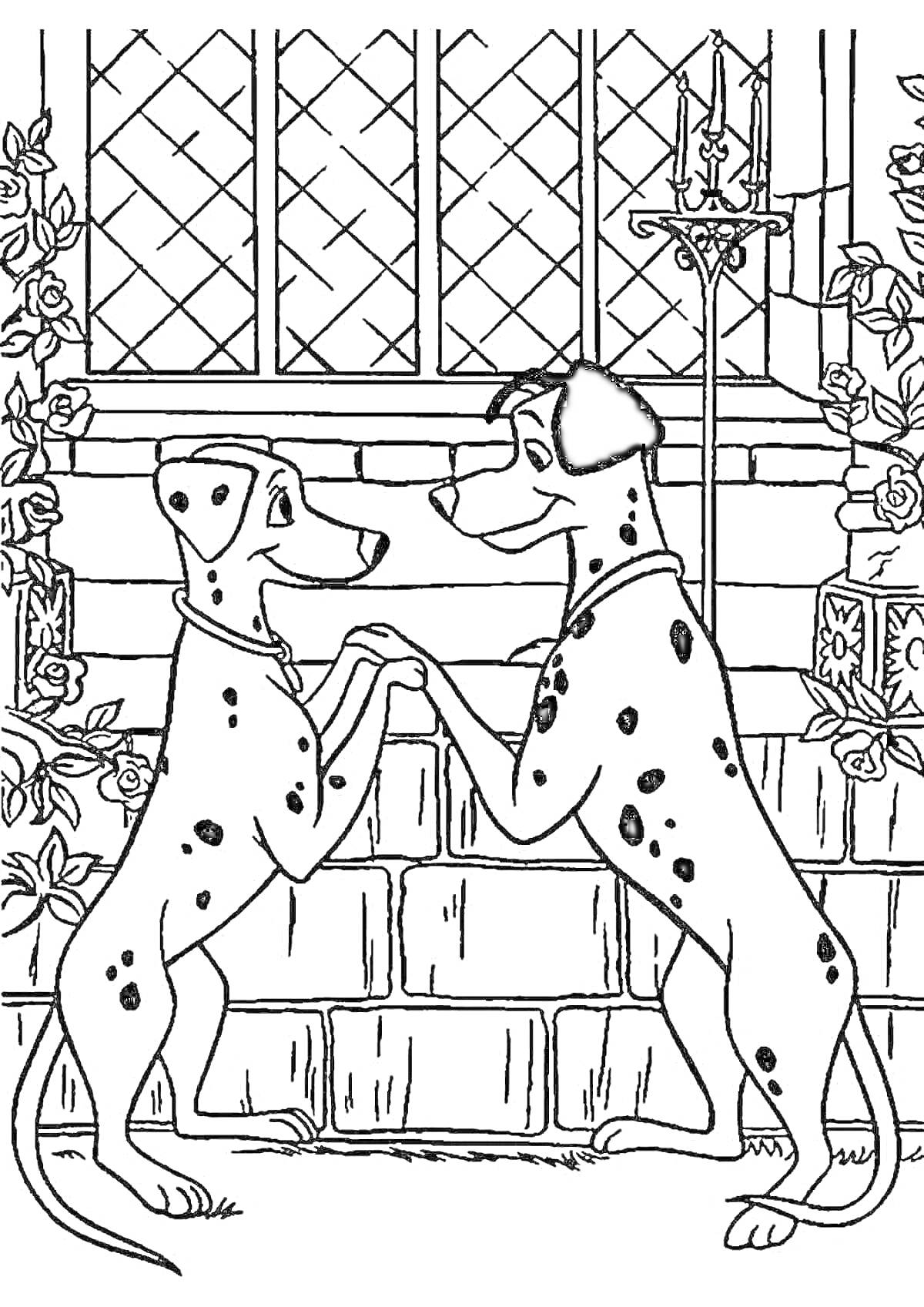 Раскраска Два далматинца у кирпичной стены возле окна, окружённые розами и кованным фонарём