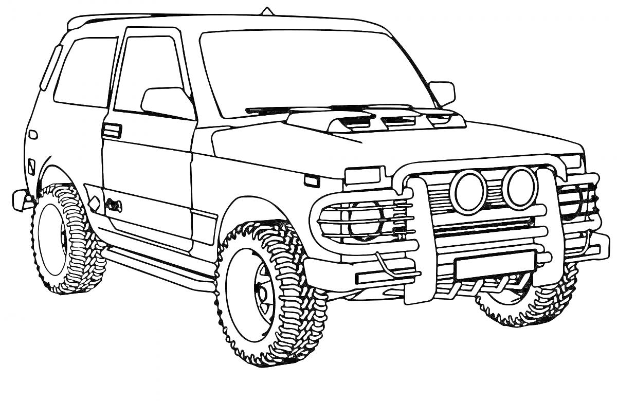 Раскраска Рисунок автомобиля Нива с решеткой радиатора, фарами и колесами