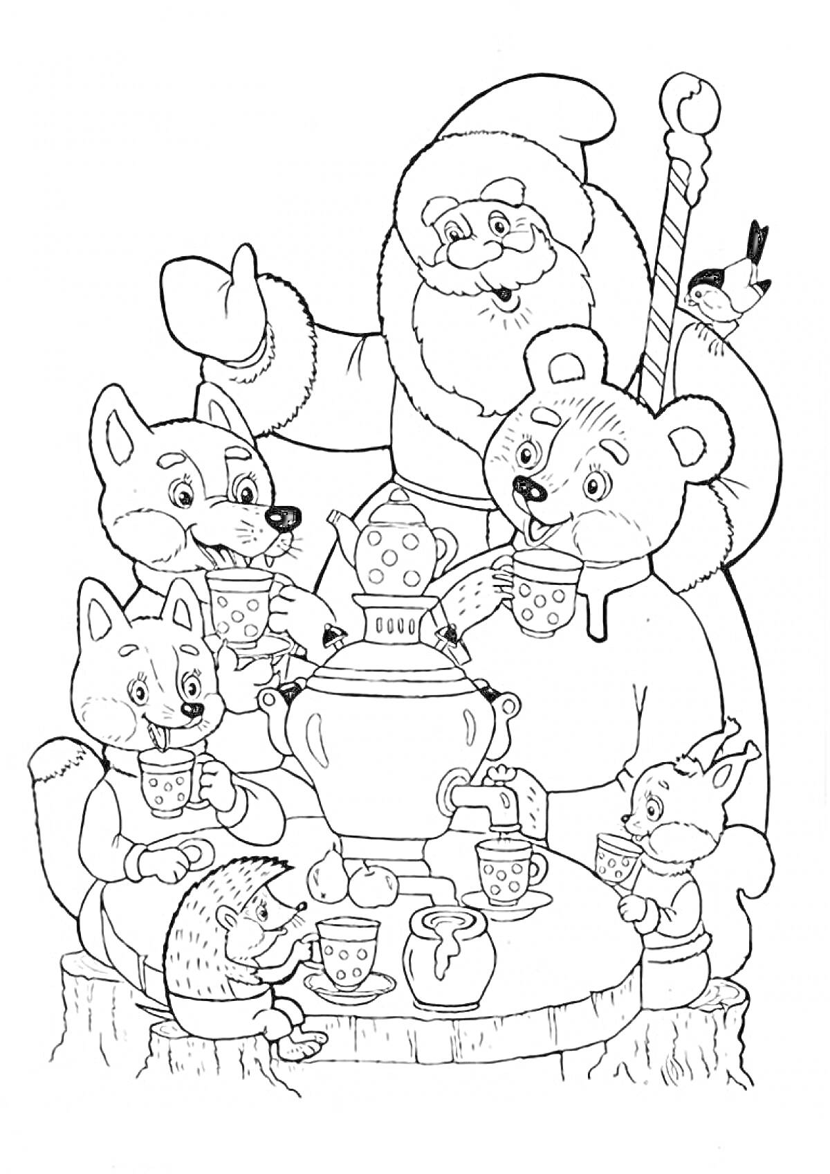 На раскраске изображено: Новый год, Дед Мороз, Медведь, Лиса, Заяц, Еж, Чай, Самовар, Зима, Животные, Праздники