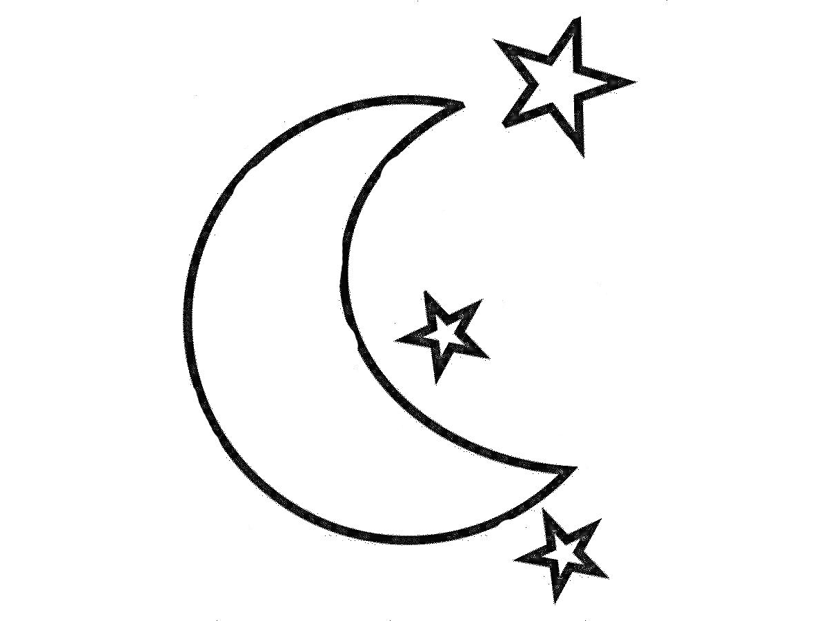 На раскраске изображено: Луна, Полумесяц, Звезды, Ночь, Небо, Космос, Астрономия, Для детей