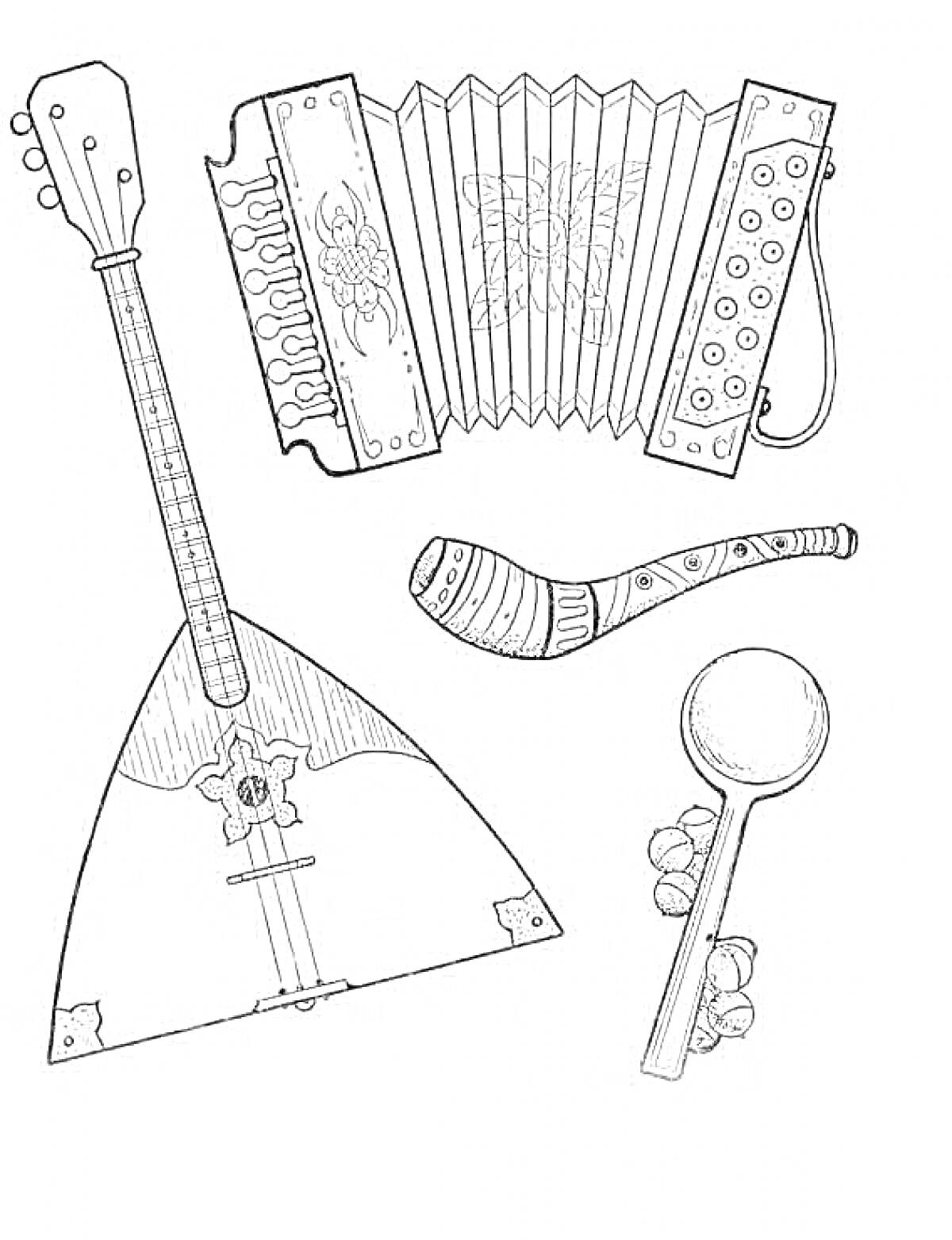 Раскраска балалайка, гармонь, рожок, деревянная ложка