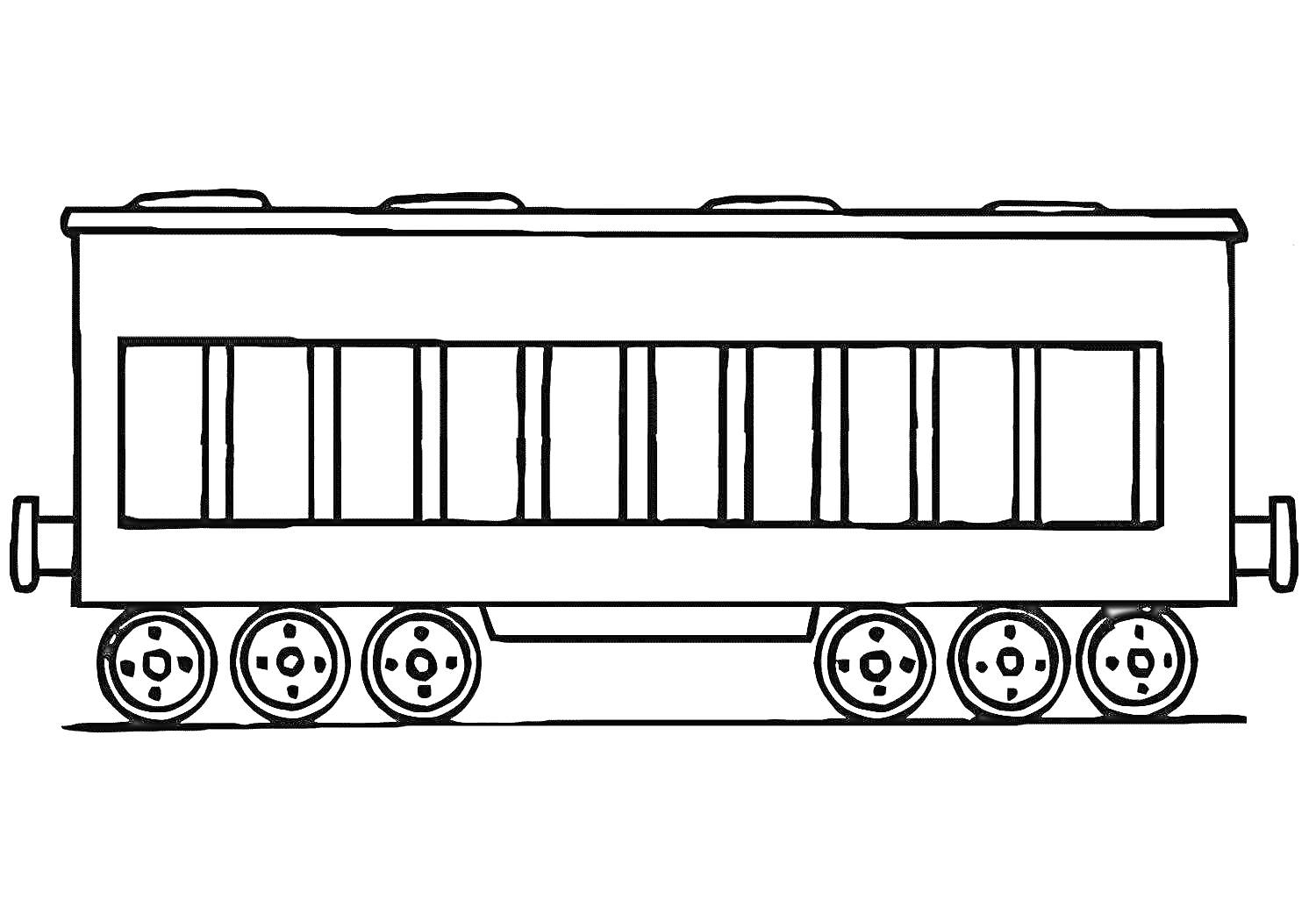 На раскраске изображено: Поезд, Железная дорога, Окна, Колеса, Контурное изображение, Вагоны