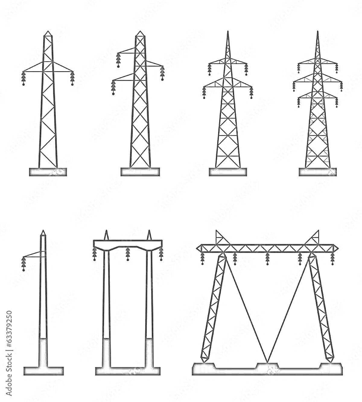 Раскраска Электрические башни (шесть различных конструкций электрических опор, включая четыре стандартные высоковольтные башни с различными структурами, одну H-образную башню и одну башню с сложной системой опор)