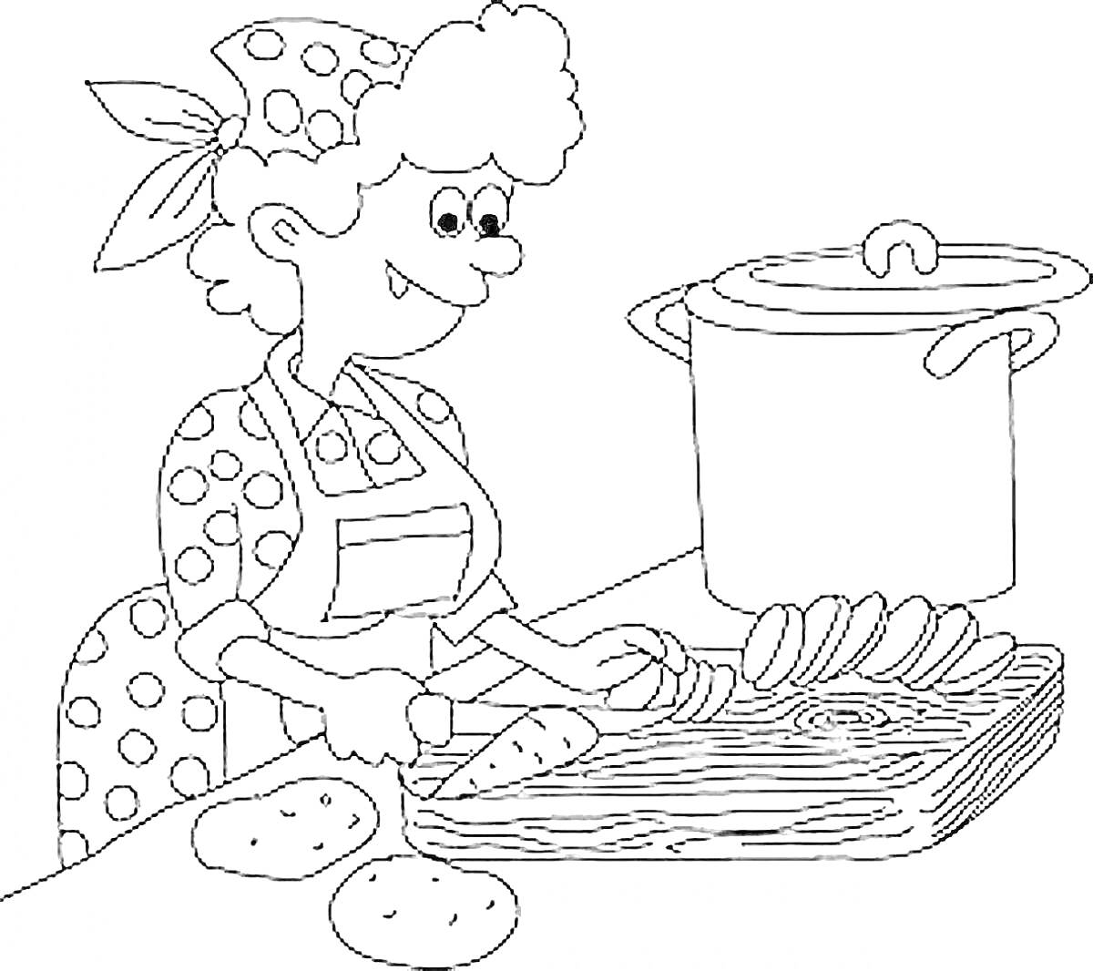Раскраска Мама нарезает овощи на кухне, рядом кастрюля и нарезанные кусочки овощей на доске