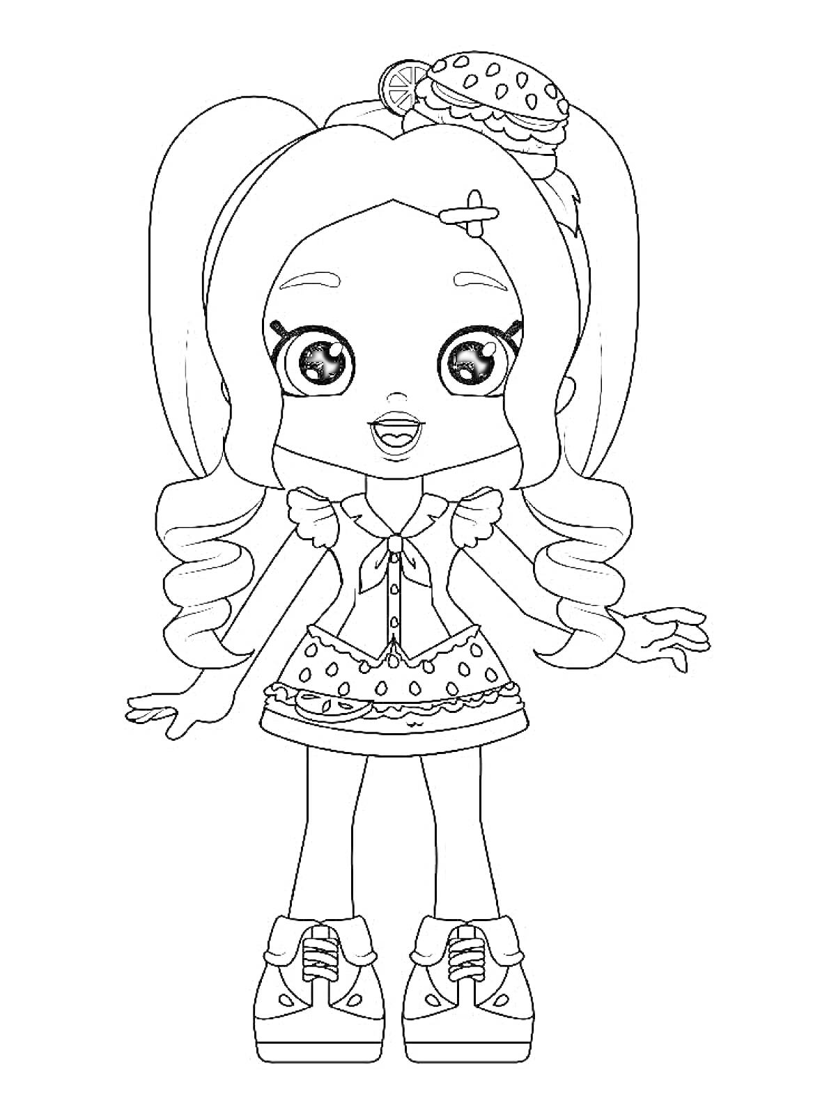 Раскраска Девочка Шопкинс с заколкой в виде мороженого, в платье с оборками и в кроссовках