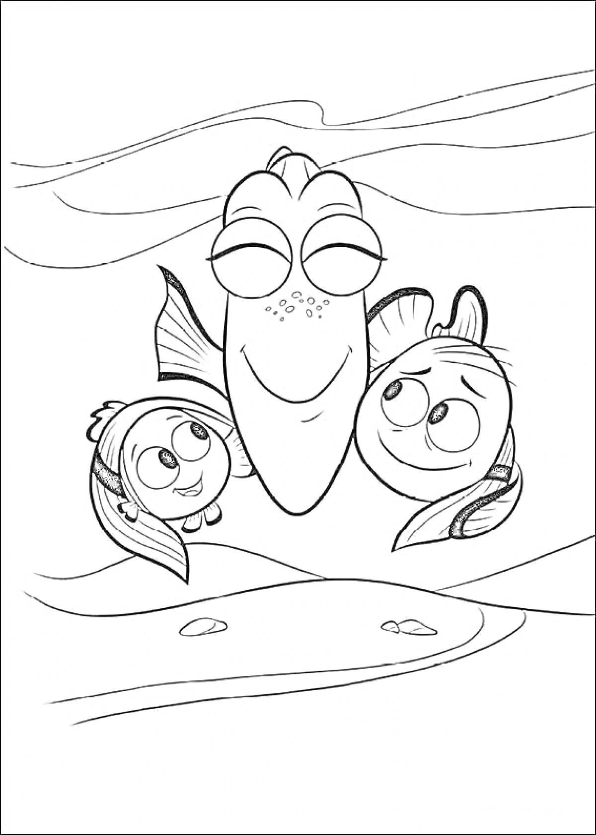 Раскраска Дори и два других персонажа на подводном фоне