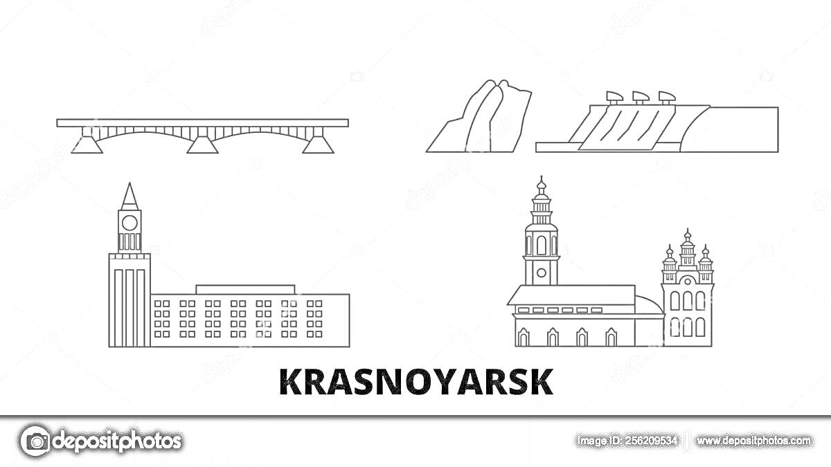 На раскраске изображено: Красноярск, Мост, Плотина, Башня с часами, Здание, Часовня, Архитектура