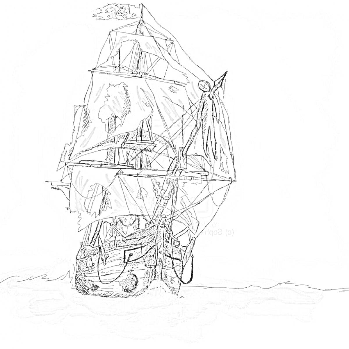 На раскраске изображено: Корабль, Паруса, Море, Флаг, Пиратский корабль