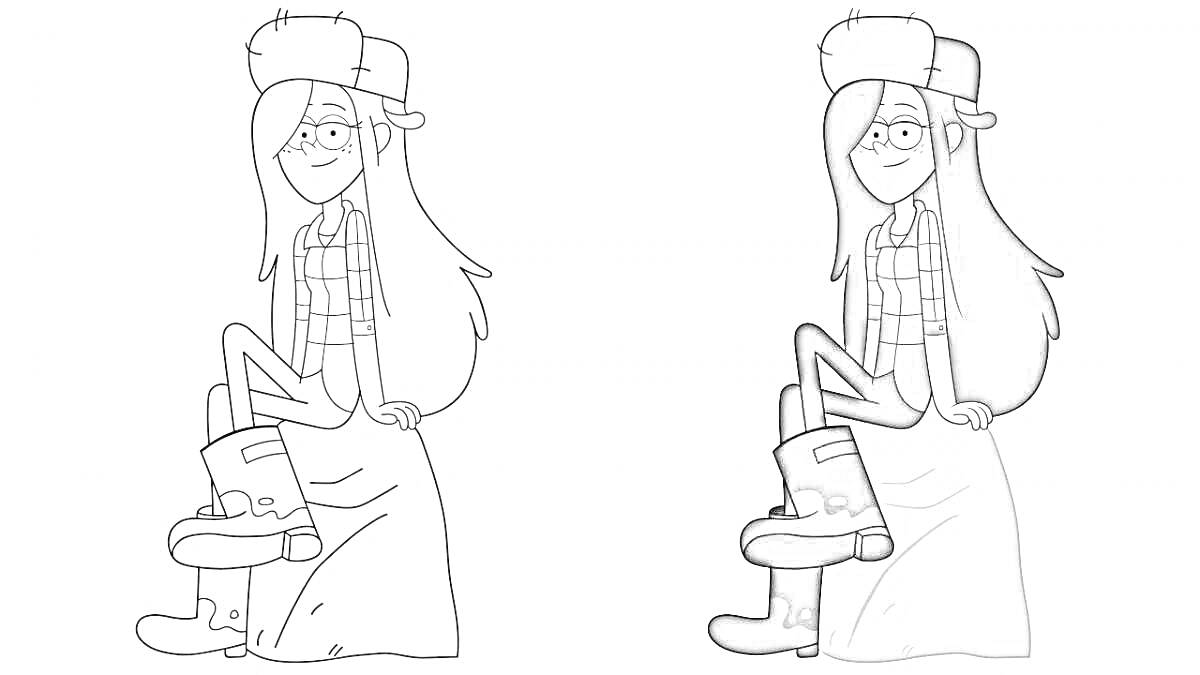Раскраска девочка с длинными волосами в клетчатой рубашке, брюках и сапогах, сидит, на голове шапка с ушками