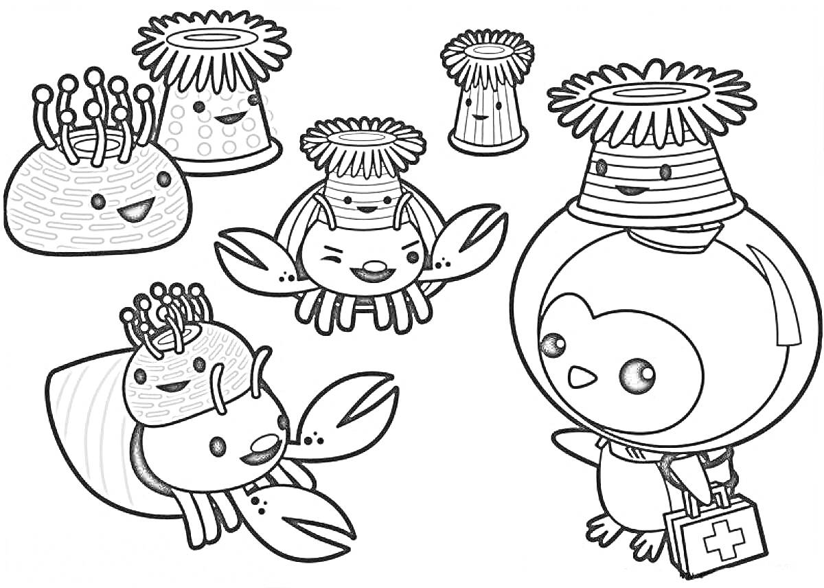 Раскраска Осмотр животных в морском стиле, персонаж с медицинским чемоданчиком, морская жизнь - пингвин и морские существа с венцами на голове