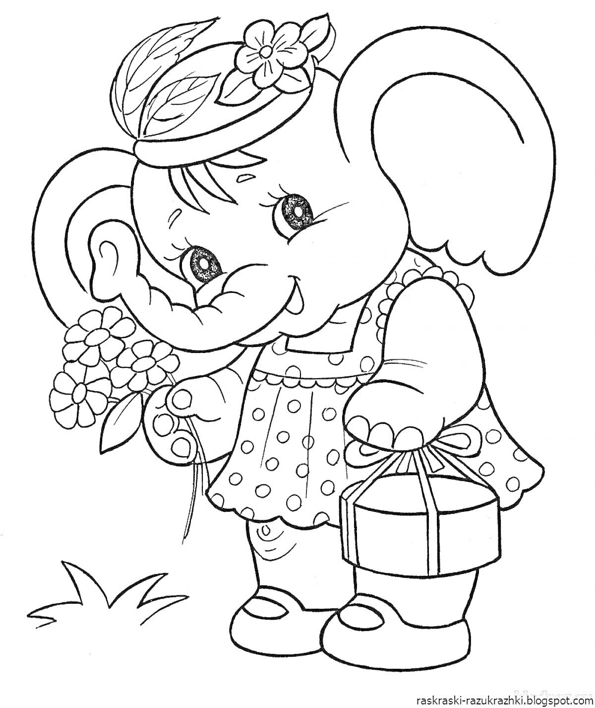 Раскраска Слоненок с цветами и корзинкой