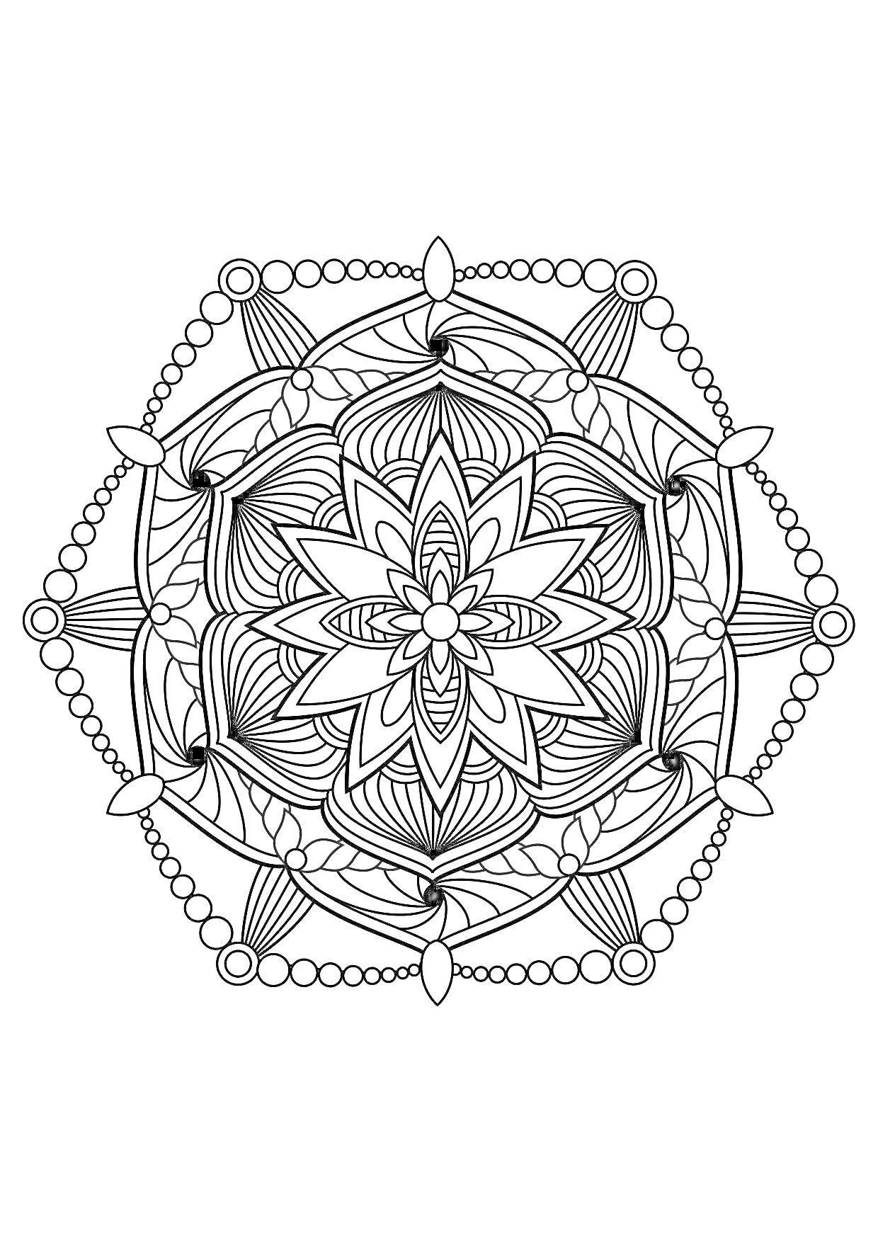 На раскраске изображено: Мандала, Круги, Медитация, Геометрические узоры