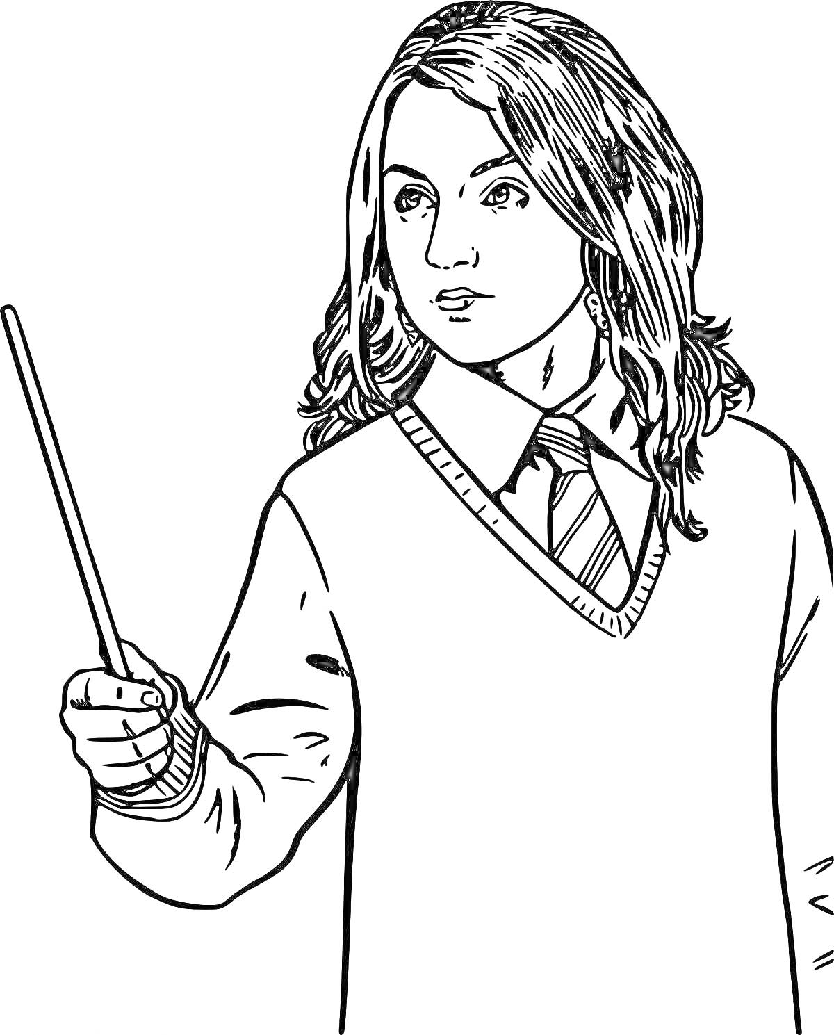 РаскраскаДевочка с длинными волосами, одетая в свитер с галстуком, держащая палочку в вытянутой руке