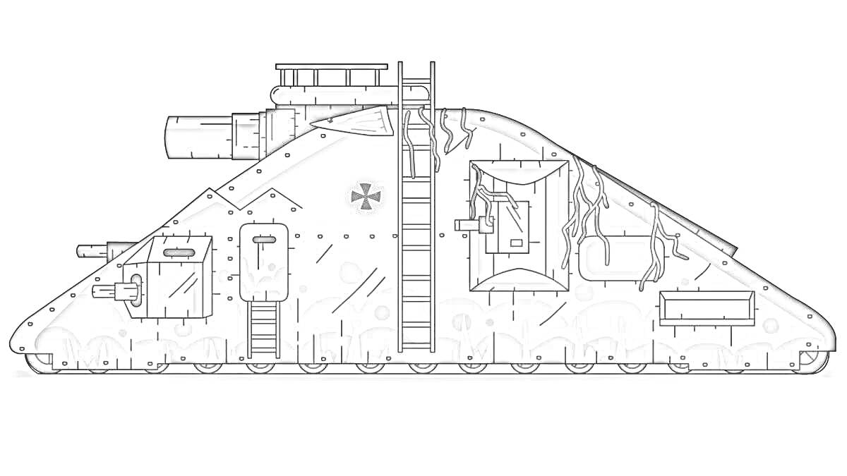 Раскраска Ратте танк с пушками, лестницами и входом