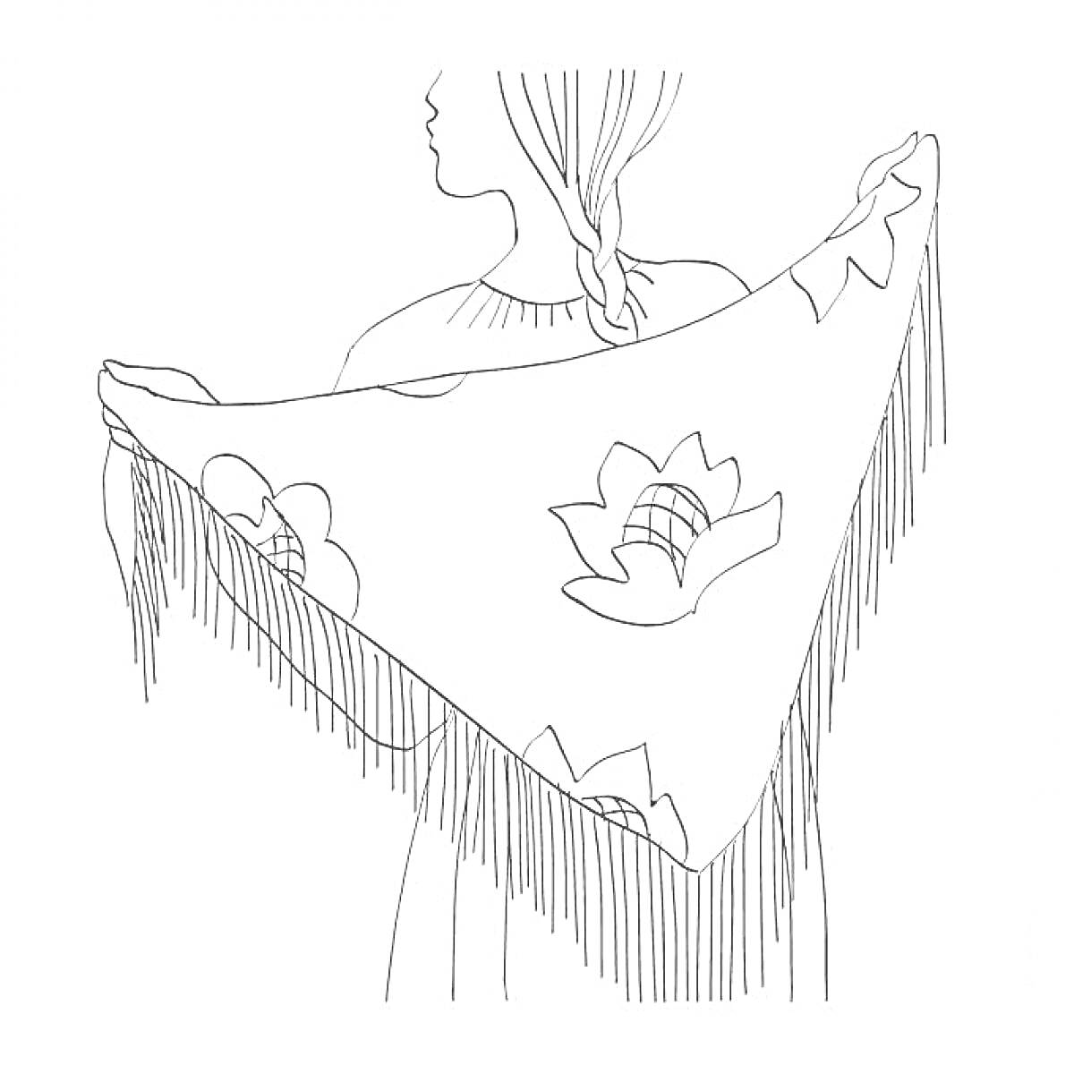 Раскраска Девушка с косой, держащая платок с цветочным рисунком и бахромой