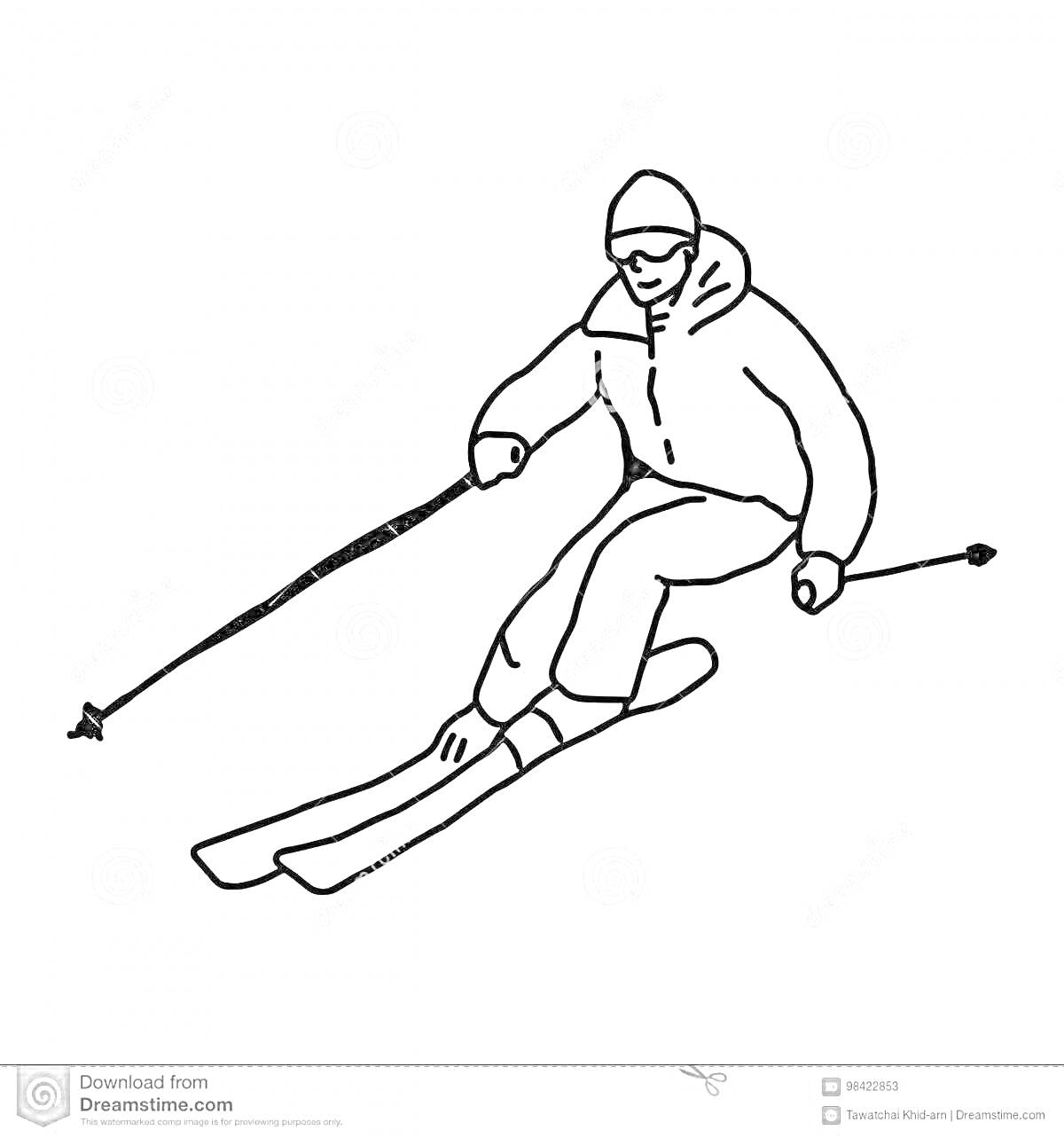 На раскраске изображено: Лыжник, Движение, Лыжи, Человек, Спорт, Зима, Палки, Очки, Куртка