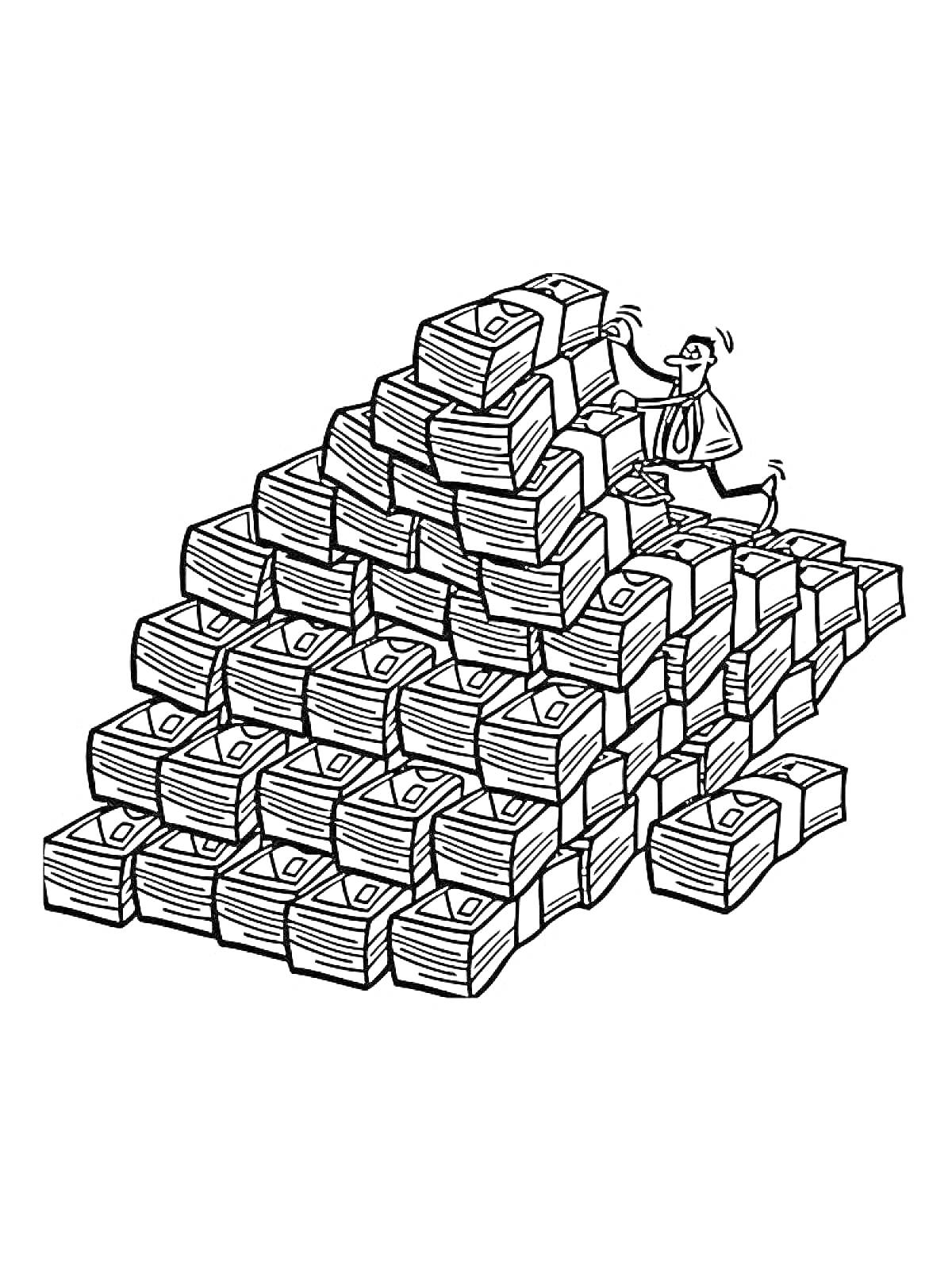 Раскраска Человек, взбирающийся на пирамиду из пачек денег