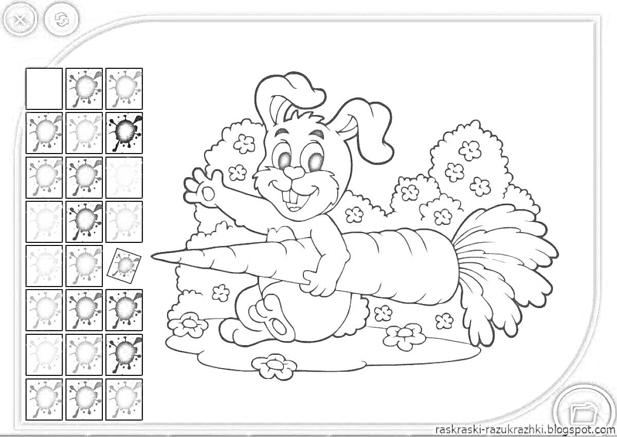 На раскраске изображено: Для детей, Кролик, Морковь, Цветы, Компьютер, 6-7 лет, Детские