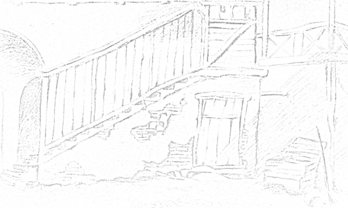 На раскраске изображено: Подвал, Лестница, Арка, Деревянная конструкция, Руины, Старый дом