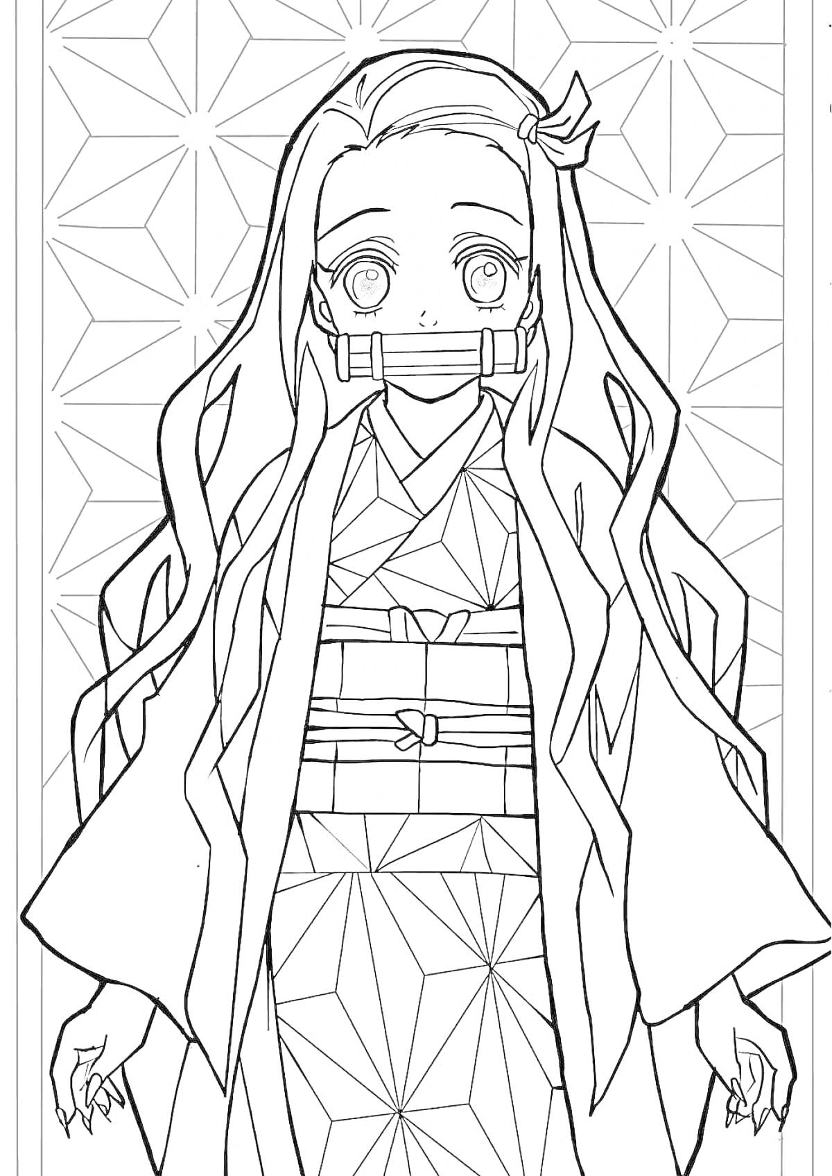 Раскраска Девочка в кимоно с длинными волосами и полоской на лице
