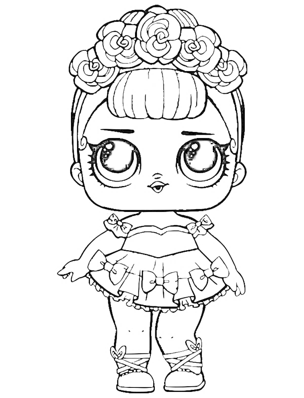 Раскраска Кукла Лол с венком из цветов на голове, одетая в платье с бантиками и туфли с бантиками