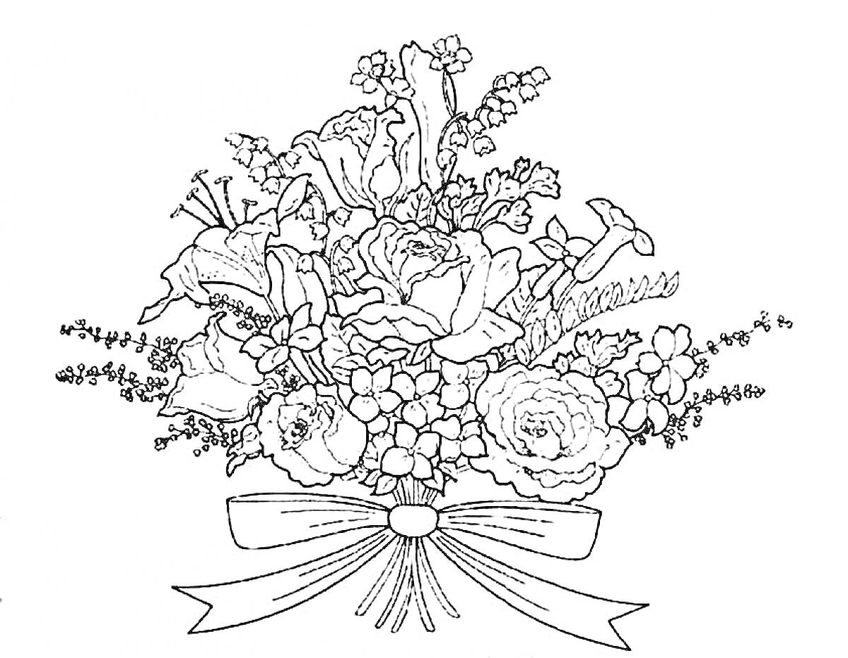 На раскраске изображено: Цветы, Розы, Лилии, Листва, Бант, Букет цветов, Ветка