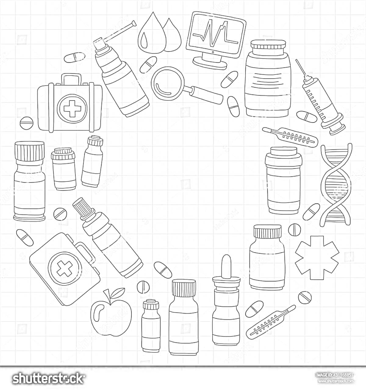 Раскраска Бутылочки, таблетки, шприцы, аптечка, ДНК, монитор с показателями, яблоко, капельницы, увеличительное стекло, звезда жизни, стеклянные пробирки
