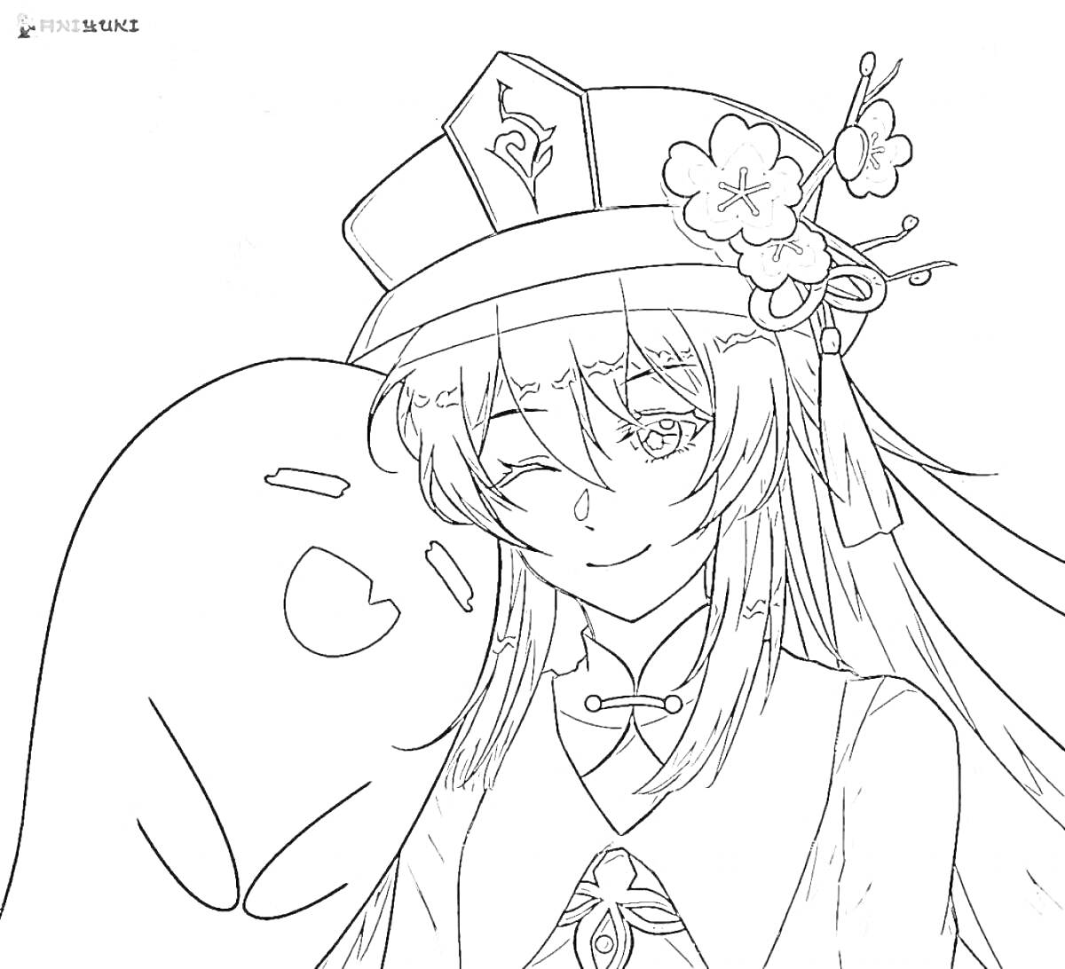 Раскраска Девушка в шляпе с цветами и персонаж-призрак