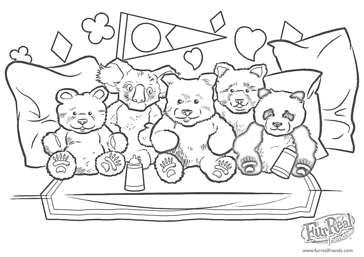 На раскраске изображено: Сердца, Цветы, Коала, Плюшевый медведь