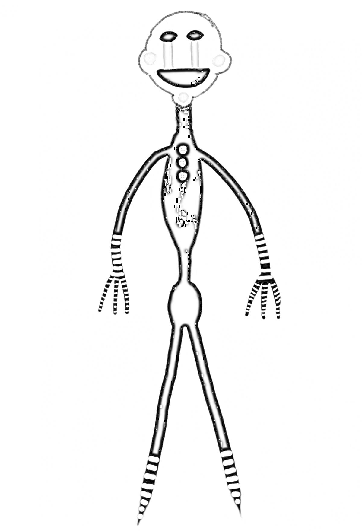 Марионетка из ФНАФ 2 с полосатыми руками и ногами, пуговицами и маской с красными щёчками и чёрными полосками на лице