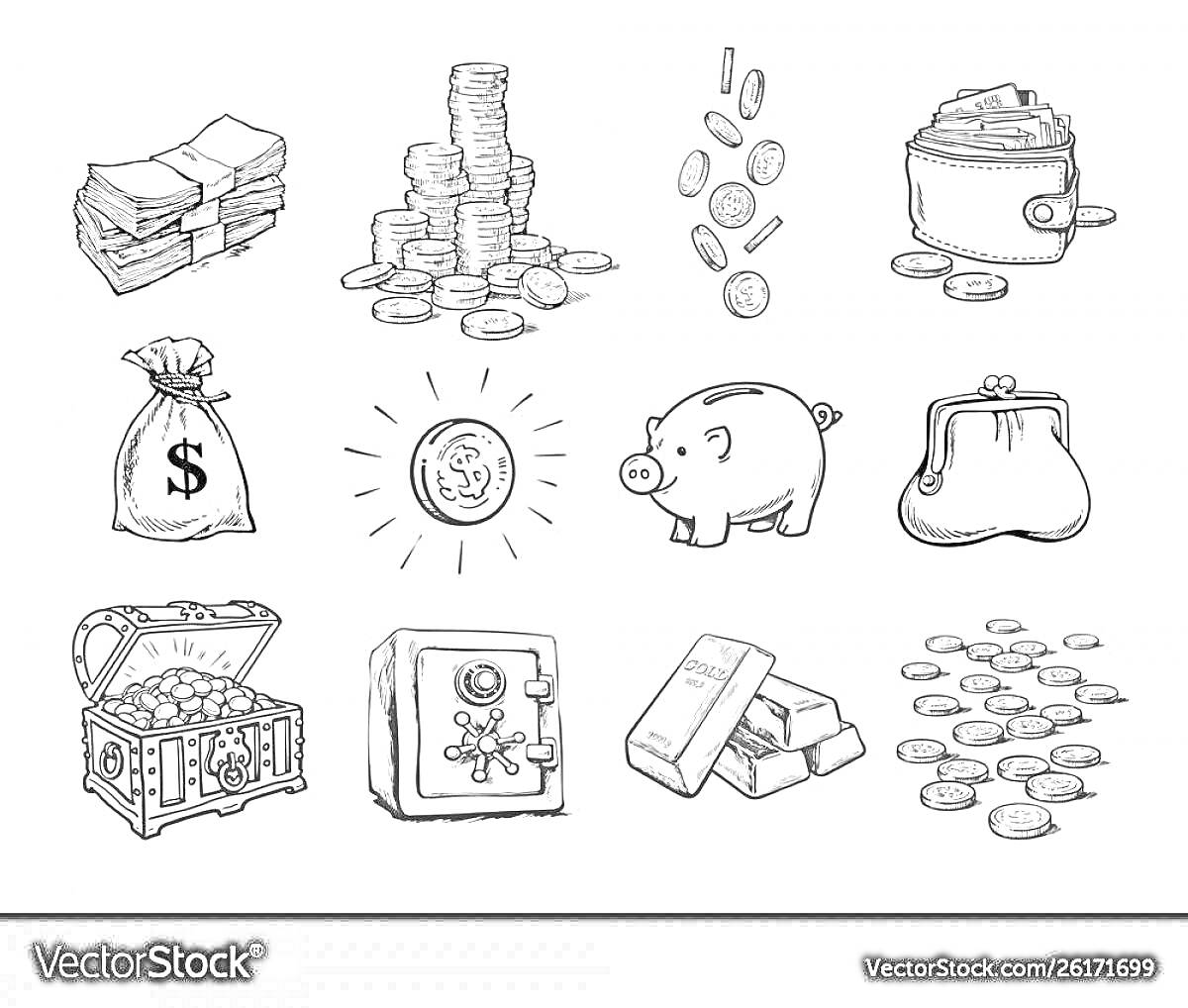 На раскраске изображено: Деньги, Монеты, Кошелек, Сейф, Сундук с сокровищами, Копилка, Мешок с деньгами, Финансовая грамотность, Финансы