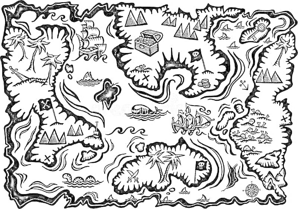 Раскраска Пиратская карта сокровищ с островами, пальмами, пиратскими кораблями, сундуком с сокровищами и морскими существами.