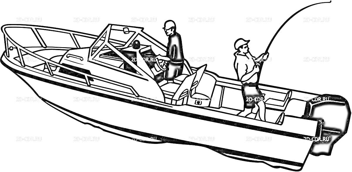 Раскраска Моторная лодка с двумя людьми, один из которых управляет, а другой рыбачит