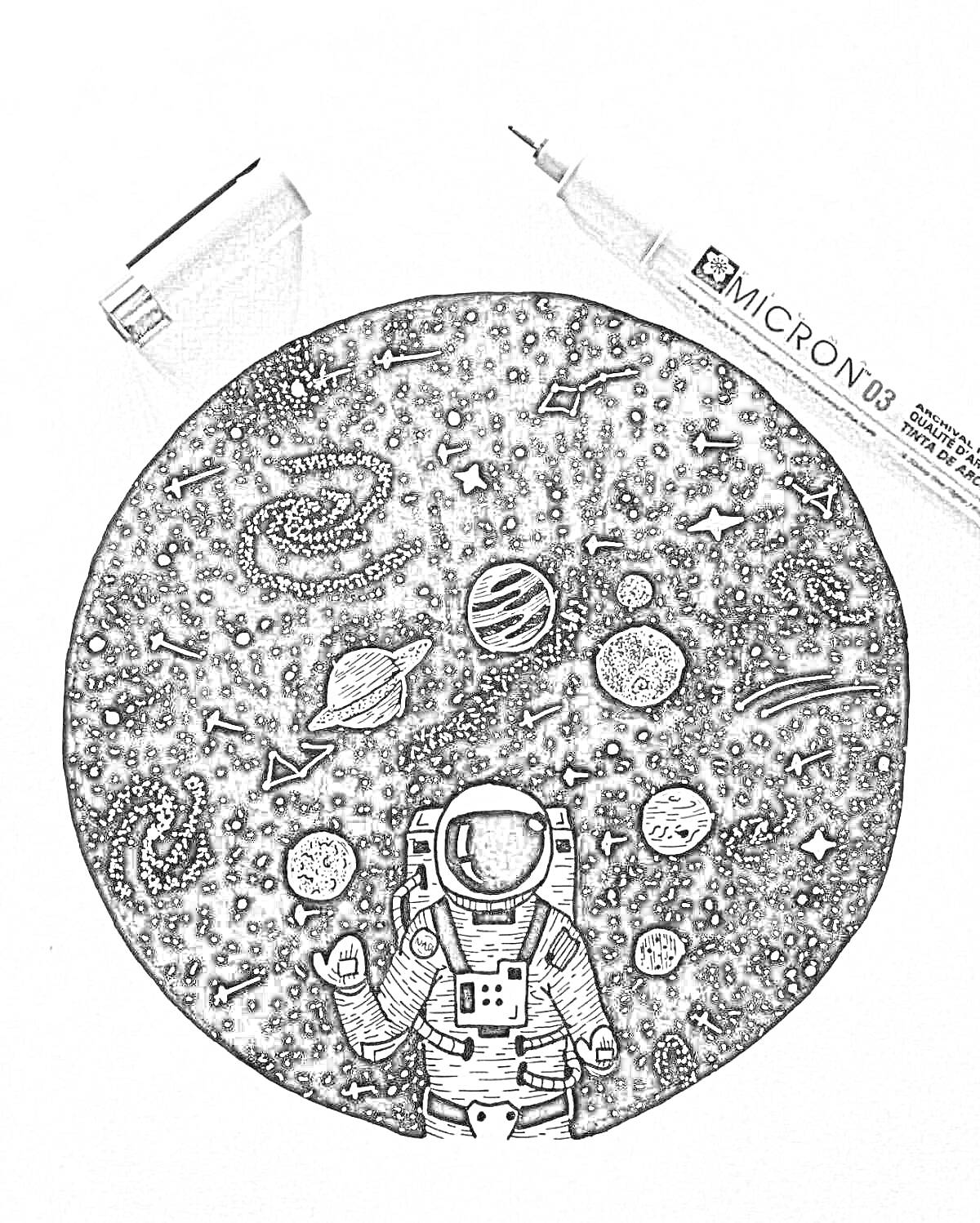 Раскраска космонавт и звезды в круге черной ручкой